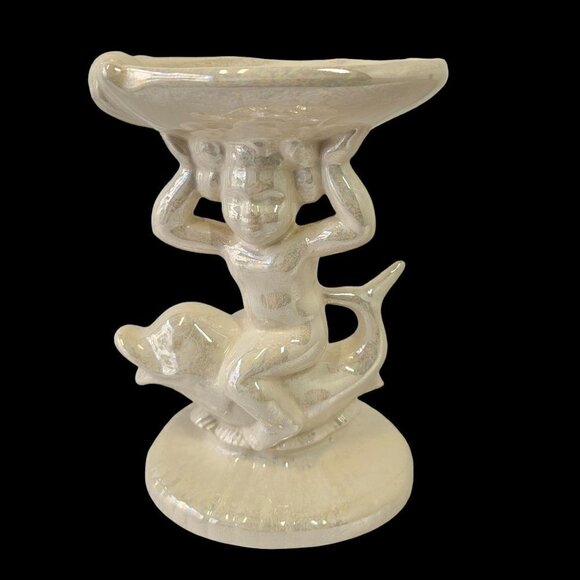 1969 Luster Iridescent Pedestal Soap Dish Cherub Boy on Dolphin Artist Sign 7.5" - Picture 6 of 6
